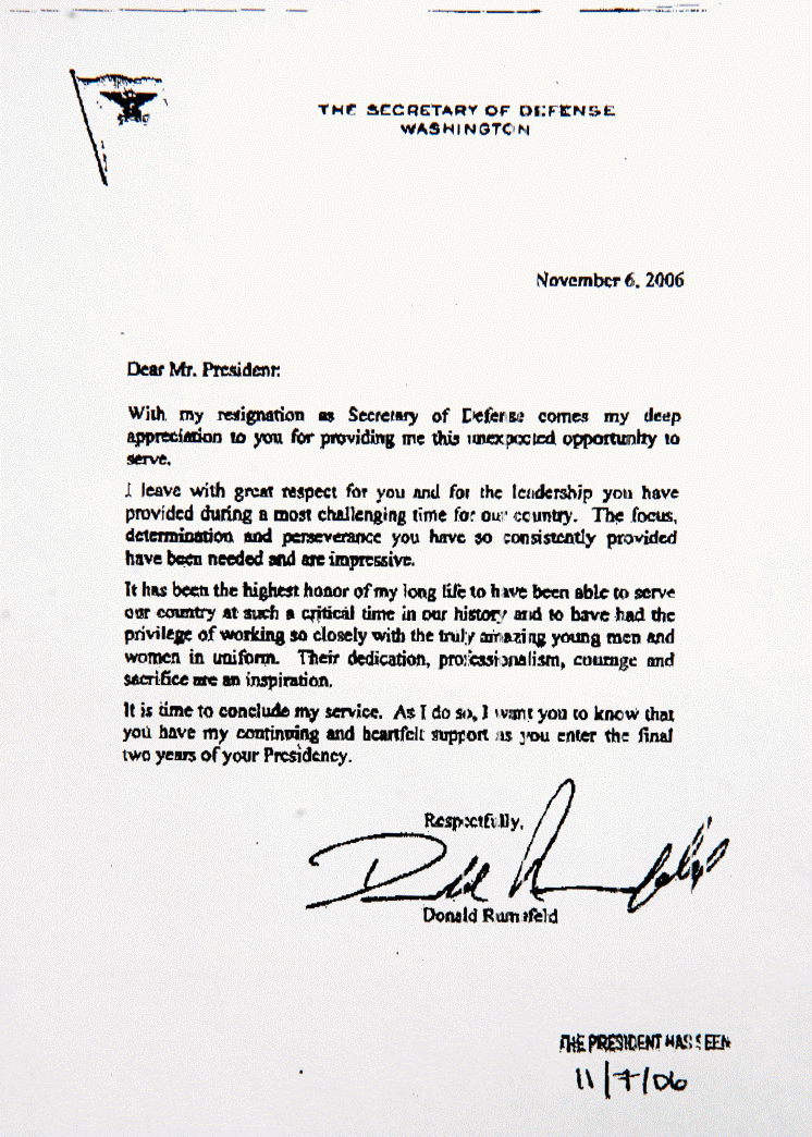 Donald Rumsfeld’s resignation letter - November 6, 2006
